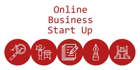 online business start up background concept with online business start up icons. Icons related analytics, teamwork, gas, pen, write