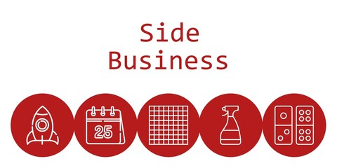 side business background concept with side business icons. Icons related calendar, rocket, tic tac toe, window cleaner, domino