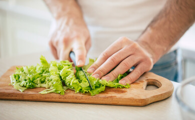 Close up photo of young male hands is preparing wonderful fresh vegan salad in the kitchen at home