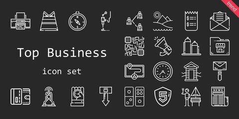 top business icon set. line icon style. top business related icons such as news, antenna, megaphone, german, wallet, mail, printer, cabin, cpu, wall clock, 3d printer, silo