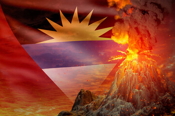 conical volcano blast eruption at night with explosion on Antigua and Barbuda flag background, problems of natural disaster and volcanic earthquake concept - 3D illustration of nature