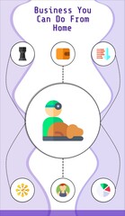 business you can do from home editable infographic template with icons of wallet, veterinarian, pie chart, rook, user, sort down, network