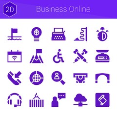 business online icon set. 20 filled icons on theme business online. collection of Earth grid, Stari most, Cloud computing, Headset, Extend script toolkit, Calendar, Scale