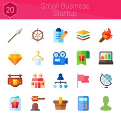 small business startup icon set. 20 flat icons on theme small business startup. collection of factory, basket, calculator, profits, flag, video camera, torch, list, quality