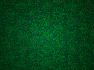 Green Patrick's Day greeting background with green clovers. Patrick's Day holiday design. Horizontal background, headers, posters, cards, website. Vector illustration