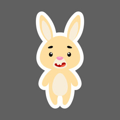Cute little baby rabbit sticker. Cartoon animal character for kids cards, baby shower, birthday invitation, house interior. Bright colored childish vector illustration in cartoon style.