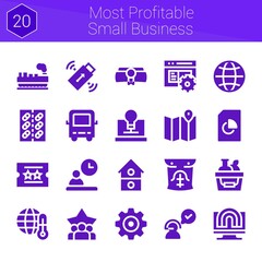 most profitable small business icon set. 20 filled icons on theme most profitable small business. collection of Ticket, Cargo, Bus, House, Customer service, Worldwide, Document