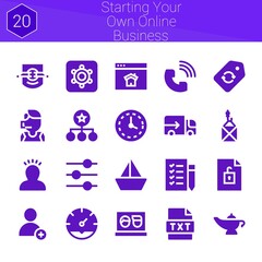 starting your own online business icon set. 20 filled icons on theme starting your own online business. collection of Add, Laptop, Homepage, Hidden camera, Label, Text