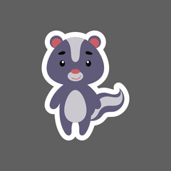 Cute little baby skunk sticker. Cartoon animal character for kids cards, baby shower, birthday invitation, house interior. Bright colored childish vector illustration in cartoon style.