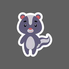 Fototapeta premium Cute little baby skunk sticker. Cartoon animal character for kids cards, baby shower, birthday invitation, house interior. Bright colored childish vector illustration in cartoon style.