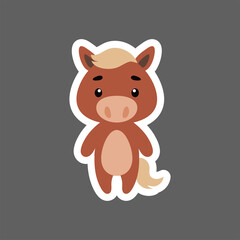 Cute little baby horse sticker. Cartoon animal character for kids cards, baby shower, birthday invitation, house interior. Bright colored childish vector illustration in cartoon style.