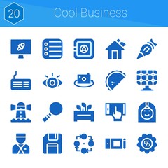 cool business icon set. 20 filled icons on theme cool business. collection of Reminder, Discount, Flowerpot, Keyboard, Lighthouse, Graphic tablet, House, Gujjia, View