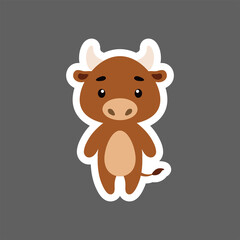 Cute little baby bull sticker. Cartoon animal character for kids cards, baby shower, birthday invitation, house interior. Bright colored childish vector illustration in cartoon style.