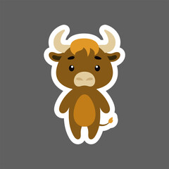 Cute little baby musk-ox sticker. Cartoon animal character for kids cards, baby shower, birthday invitation, house interior. Bright colored childish vector illustration in cartoon style.