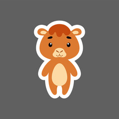 Cute little baby camel sticker. Cartoon animal character for kids cards, baby shower, birthday invitation, house interior. Bright colored childish vector illustration in cartoon style.