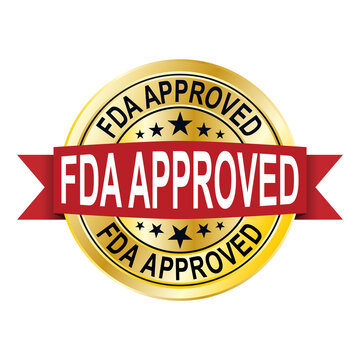 FDA approved gold badge with red ribbon, vector illustration