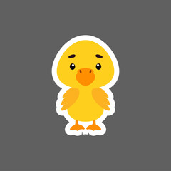 Cute little baby duck sticker. Cartoon animal character for kids cards, baby shower, birthday invitation, house interior. Bright colored childish vector illustration in cartoon style.