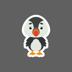 Cute little baby puffin sticker. Cartoon animal character for kids cards, baby shower, birthday invitation, house interior. Bright colored childish vector illustration in cartoon style.