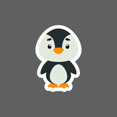 Cute little baby penguin sticker. Cartoon animal character for kids cards, baby shower, birthday invitation, house interior. Bright colored childish vector illustration in cartoon style.