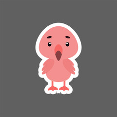 Cute little baby flamingo sticker. Cartoon animal character for kids cards, baby shower, birthday invitation, house interior. Bright colored childish vector illustration in cartoon style.