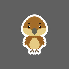 Cute little baby sparrow sticker. Cartoon animal character for kids cards, baby shower, birthday invitation, house interior. Bright colored childish vector illustration in cartoon style.