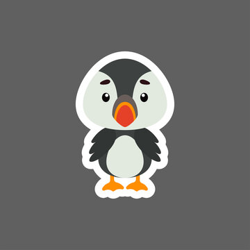 Cute Little Baby Puffin Sticker. Cartoon Animal Character For Kids Cards, Baby Shower, Birthday Invitation, House Interior. Bright Colored Childish Vector Illustration In Cartoon Style.