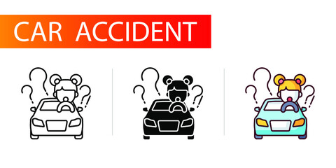 icons set, car accident, child driving a car