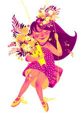 Illustration with acrylic paints. Pink flying girl with flowers on a swing. Color painting. Isolated on white backgrounde