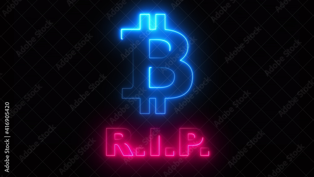 Poster computer generated bitcoin rip symbol with light effect. 3d rendering of crypto currency logo. finan