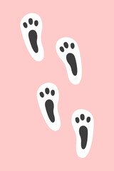 Footprints of white rabbit paws on the ground. Easter bunny in search of Easter eggs. Cute pastel poster for kids and baby room. Gift spring card for Easter. Happy Easter! Holy print. Hand draw doodle