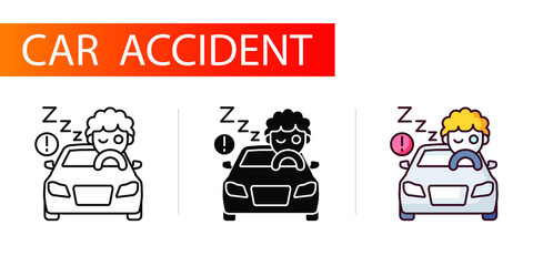 icons set, car accident, driver fatigue, desire to sleep