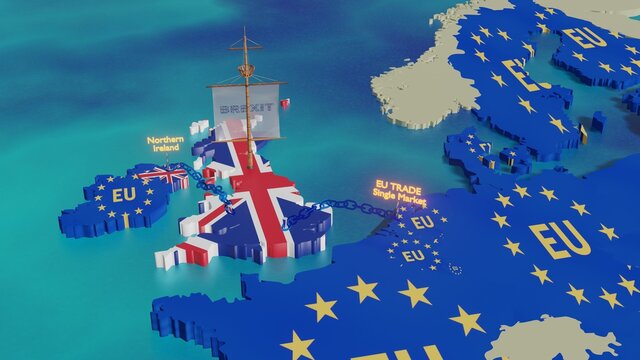 Brexit - 3D Illustration - UK Sailing Away But Constrained By Chains Linked To Norther Ireland And European Union Single Market 