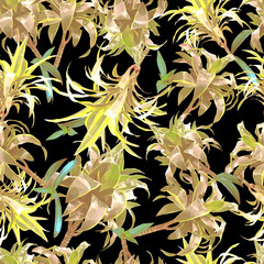 Vector seamless pattern yellow and green Dracaena palm leaves and branches isolated on black background. Floral textile design elements in triangular low poly style. 