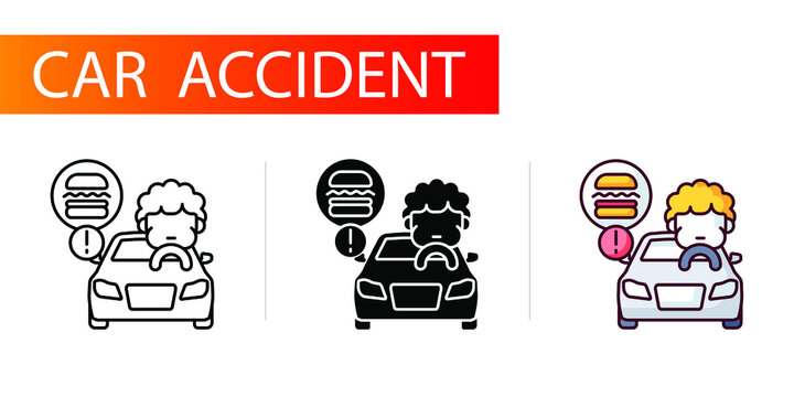 Icons Set, Car Accident, Eating Food While Driving