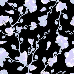 Vector bright seamless textile pattern Orchid flowers in light colors isolated on black background. Floral triangular design elements in low poly style. 