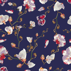 Vector bright seamless textile pattern white and red Orchid flowers isolated on dark blue background. Floral triangular design elements in low poly style. 