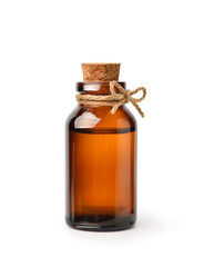 Essential oil extract in amber bottle isolated on white background.