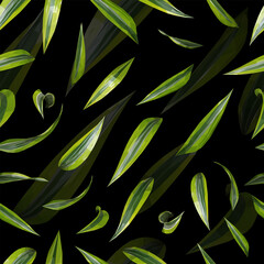 Vector seamless pattern green Dracaena leaves isolated on black background. Floral design elements in triangular low poly style. 