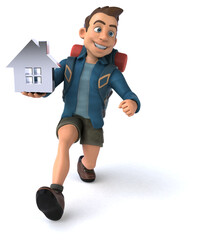 Fun illustration of a 3D cartoon backpacker