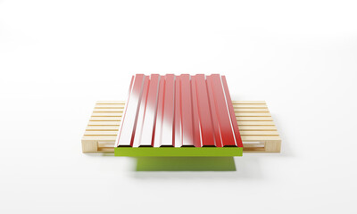 3D render of a metal profiled panel withs filler-mineral wool on a pallet isolated on a white background.Illustration of a digital image for industrial and business.