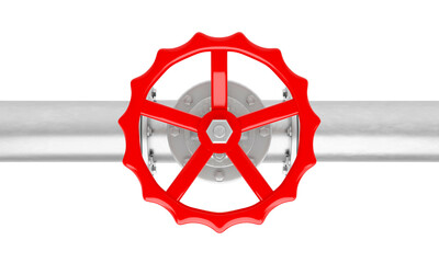 3D render glossy metal pipe with red valve from top view isolated on a white background.Illustration of a digital image for industrial.