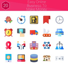 easy online business to make money icon set. 20 flat icons on theme easy online business to make money. collection of handshake, screen touch, enterprise, printer, ribbon