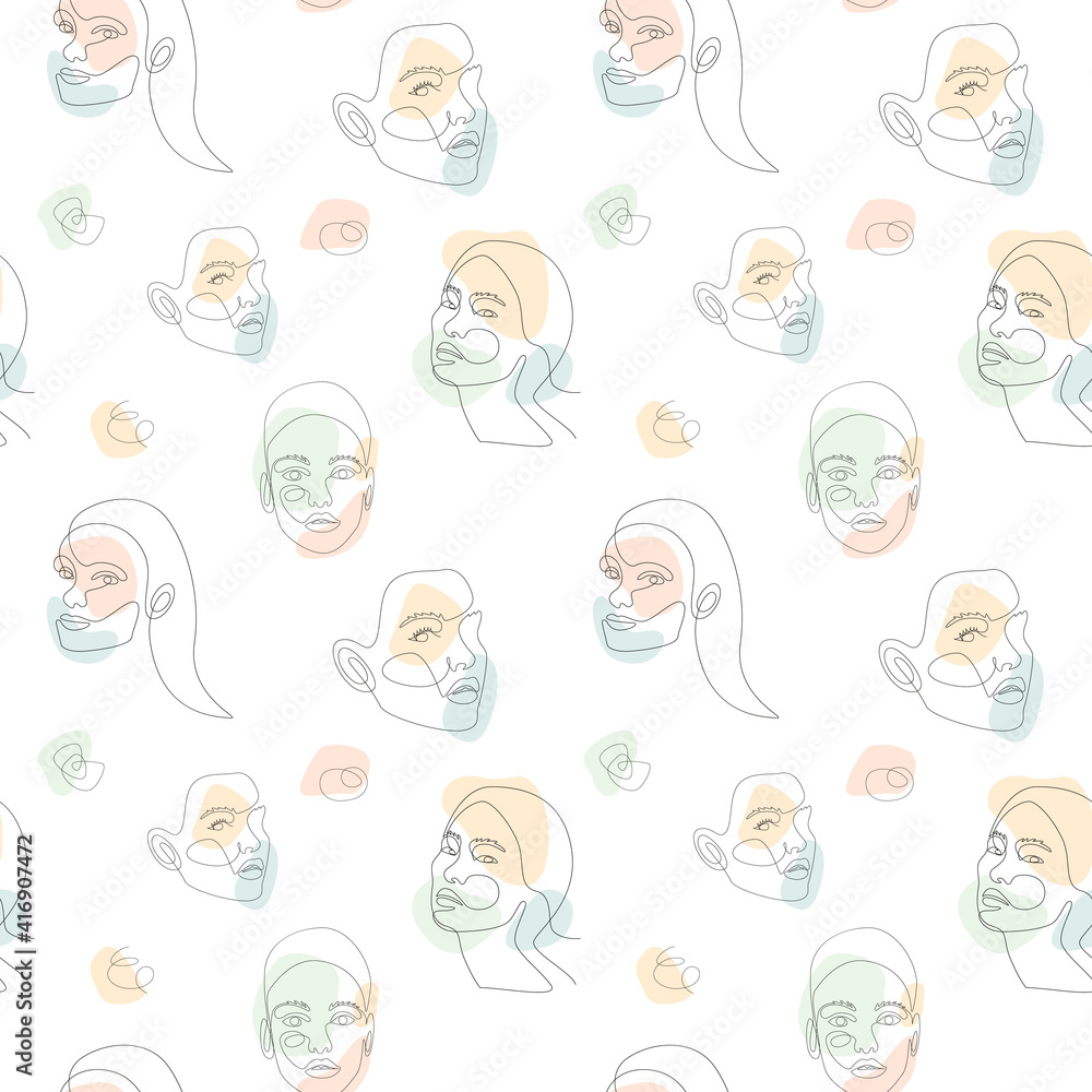 Aufkleber continuous one line art woman face with abstract color shapes background. modern seamless pattern. h