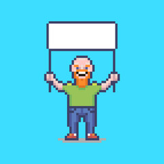 colorful simple flat pixel art illustration of smiling bald guy with a white blank poster in his hands