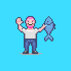 colorful simple flat pixel art illustration of smiling guy holding a fish in his hand