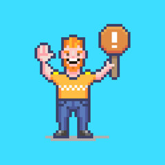 colorful simple flat pixel art illustration of smiling guy holding an orange sign with a white exclamation mark on it
