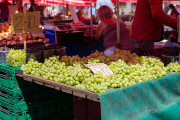 Grapes on a public food market in Zagreb, Croatia, fresh and heathy food - street food
