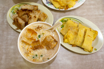 Taiwanese salty soy milk soup (Xian Dou Jiang) and egg crepe (Dan Bing) for...