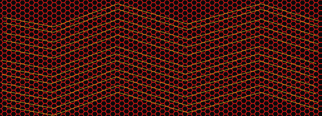 Black background and yellow lines on red hexagons Abstract background