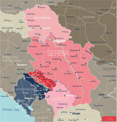 Sanjak region in Serbia and Montenegro, detailed editable map with regions cities and towns, roads and railways, geographic sites. Serbia Kosovo and Montenegro map. Vector EPS-10 file - obrazy, fototapety, plakaty